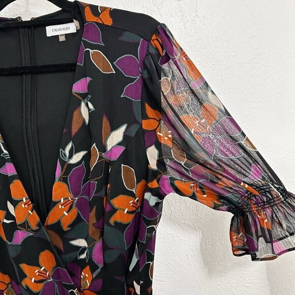 Calvin Klein Floral Asymmetrical Wrap Dress Sz 16 Surplice Neckline Ruffle Cuff - Picture 13 of 13